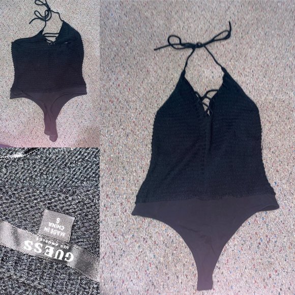 Guess Black Knit Bodysuit Size Small; worn one or two times. V-neck, with lace u - Picture 1 of 5